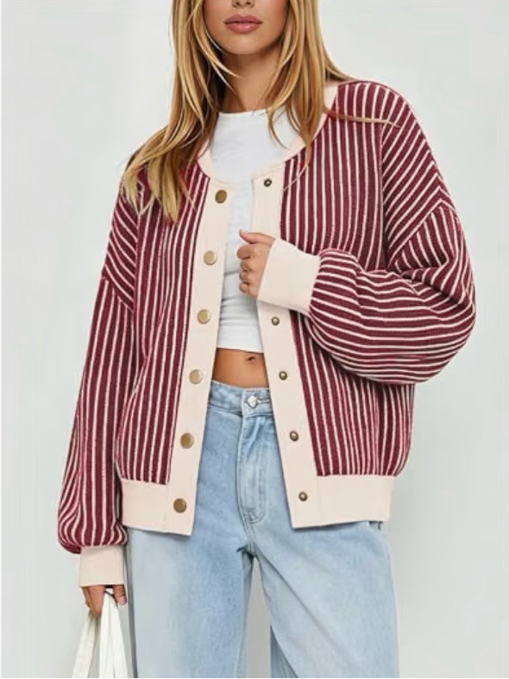BOMBER JACKET STRIPED CARDIGAN | Women’s Burgundy Button-Front Cardigan